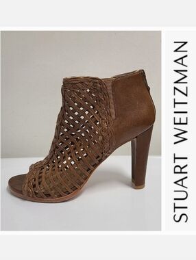 Stuart Weitzman WAYIN Brown Nappa Leather Caged Open Toe 3¾" Ankle Booties Sz 8